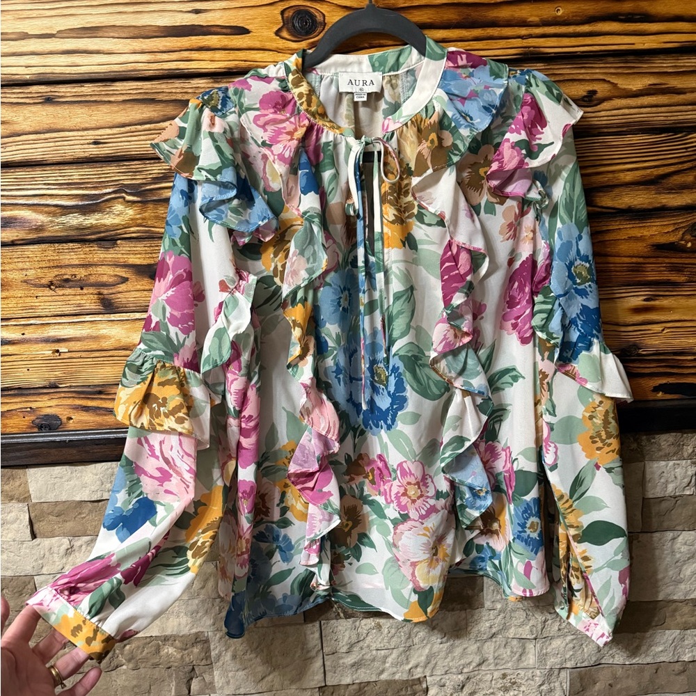 Vintage 1990’s Floral Ruffled Chiffon Blouse Aura Label XL